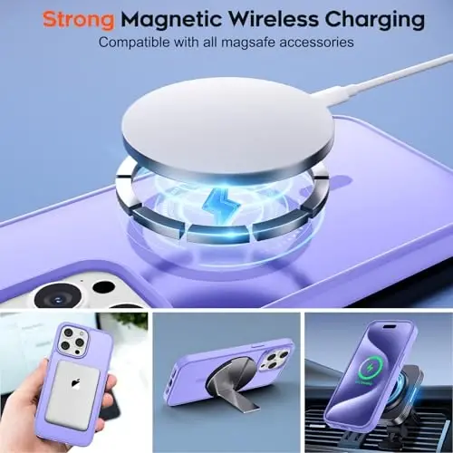 zapica Magnetic for iPhone 15 Pro Max Case, [MagSafe bilan mos] [Harbiy darajadagi tushishdan himoya] Ayollar va erkaklar uchun yarim shaffof mato zarbaga chidamli tirnalishga qarshi telefon qutisi, och binafsha - 4