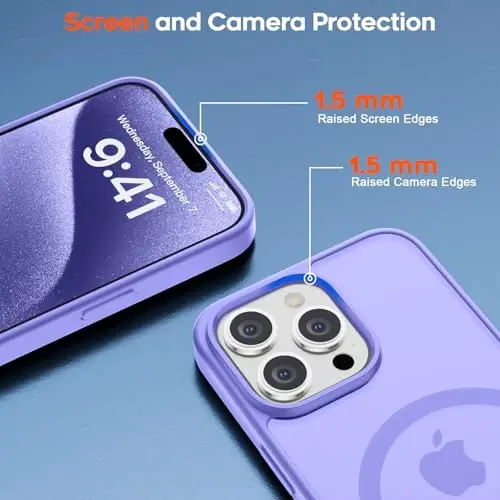 zapica Magnetic for iPhone 15 Pro Max Case, [MagSafe bilan mos] [Harbiy darajadagi tushishdan himoya] Ayollar va erkaklar uchun yarim shaffof mato zarbaga chidamli tirnalishga qarshi telefon qutisi, och binafsha - 6