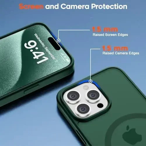 zapica Magnetic for iPhone 15 Pro Max Case, [MagSafe bilan mos] [Harbiy darajadagi tushishdan himoya] Ayollar va erkaklar uchun yarim shaffof mato zarbga chidamli tirnalishga qarshi telefon qutisi, o'rmon yashili - 6