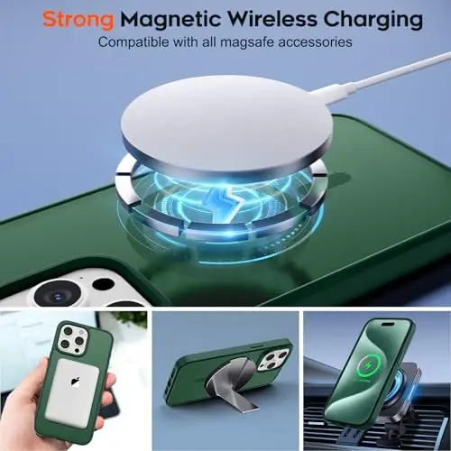 zapica Magnetic for iPhone 15 Pro Max Case, [MagSafe bilan mos] [Harbiy darajadagi tushishdan himoya] Ayollar va erkaklar uchun yarim shaffof mato zarbga chidamli tirnalishga qarshi telefon qutisi, o'rmon yashili - 4
