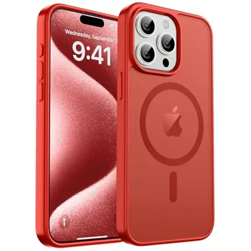zapica Magnetic for iPhone 15 Pro Max Case, [MagSafe bilan mos] [Harbiy darajadagi tushishdan himoya] Shaffof mato zarbga chidamli tirnalishga qarshi ayollar va erkaklar uchun telefon qutisi, Qizil 