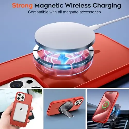 zapica Magnetic for iPhone 15 Pro Max Case, [MagSafe bilan mos] [Harbiy darajadagi tushishdan himoya] Shaffof mato zarbga chidamli tirnalishga qarshi ayollar va erkaklar uchun telefon qutisi, Qizil - 4