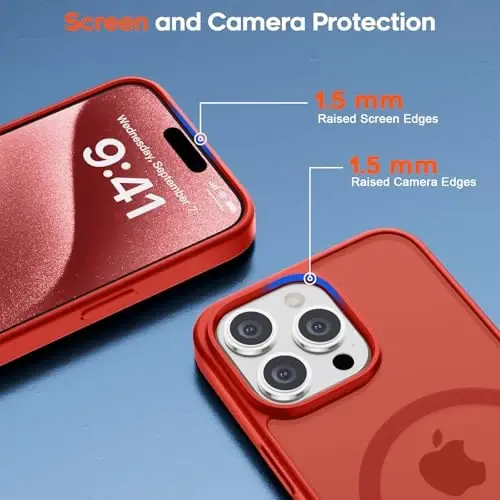 zapica Magnetic for iPhone 15 Pro Max Case, [MagSafe bilan mos] [Harbiy darajadagi tushishdan himoya] Shaffof mato zarbga chidamli tirnalishga qarshi ayollar va erkaklar uchun telefon qutisi, Qizil - 6