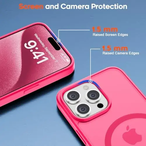 zapica Magnetic for iPhone 15 Pro Max Case, [MagSafe bilan mos] [Harbiy darajadagi tushishdan himoya] Translusent mat zarbaga chidamli tirnalishga qarshi ayollar va erkaklar uchun telefon g'ilofi, Hot Pink - 6