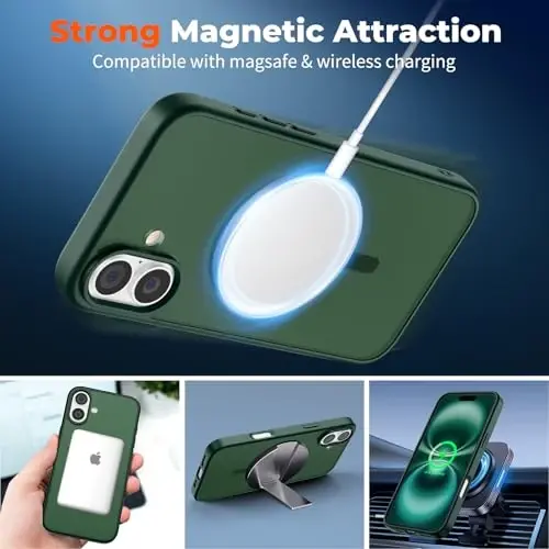 zapica Magnetic for iPhone 16 Case, [MagSafe bilan mos] [Harbiy darajadagi tushishdan himoya] Translusent mat zarbga chidamli tirnalishga qarshi telefon qutisi, o'rmon yashili - 3
