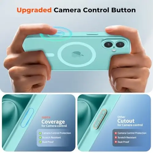 zapica Magnetic for iPhone 16 Case, Upgraded [Camera Control Button] [Full Camera Protection] [with 1 Screen Protector] Translucent Matte Shockproof Protective Phone Cover, Aqua Green - 4