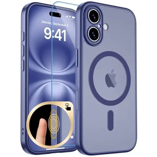 zapica Magnetic for iPhone 16 Case, Upgraded [Camera Control Button] [Full Camera Protection] [with 1 Screen Protector] Translucent Matte Shockproof Protective Phone Cover, Blue Gray - ZAPICA