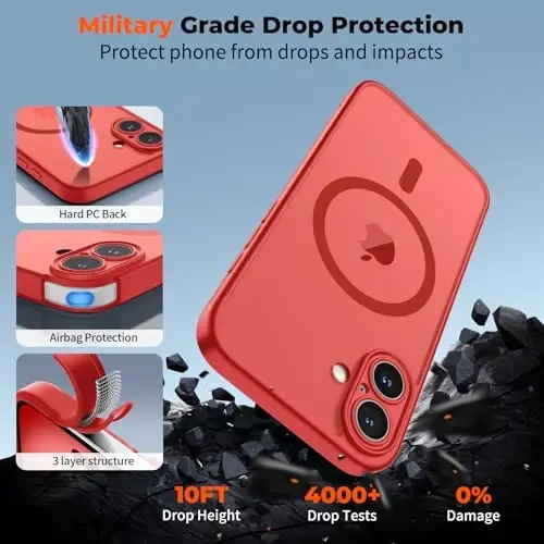 zapica Magnetic for iPhone 16 Case, Upgraded [Camera Control Button] [Full Camera Protection] [with 1 Screen Protector] Translucent Matte Shockproof Protective Phone Cover, Bright Red - 6