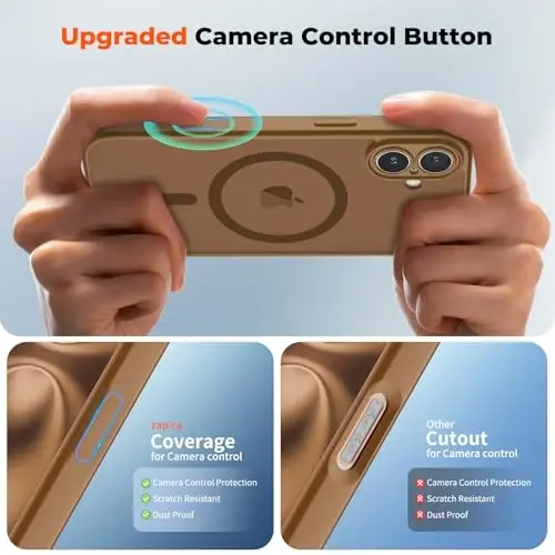 zapica Magnetic for iPhone 16 Case, Upgraded [Camera Control Button] [Full Camera Protection] [with 1 Screen Protector] Translucent Matte Shockproof Protective Phone Cover, Dark Brown - 4