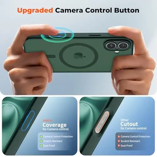 zapica Magnetic for iPhone 16 Case, Upgraded [Camera Control Button] [Full Camera Protection] [with 1 Screen Protector] Translucent Matte Shockproof Protective Phone Cover, Dark Green - 4