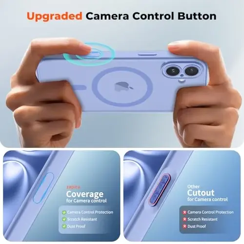zapica Magnetic for iPhone 16 Case, Upgraded [Camera Control Button] [Full Camera Protection] [with 1 Screen Protector] Translucent Matte Shockproof Protective Phone Cover, Mist Blue - 4
