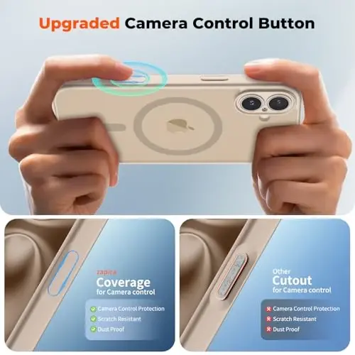 zapica Magnetic for iPhone 16 Case, Upgraded [Camera Control Button] [Full Camera Protection] [with 1 Screen Protector] Translucent Matte Shockproof Protective Phone Cover, Sand Gold - 4