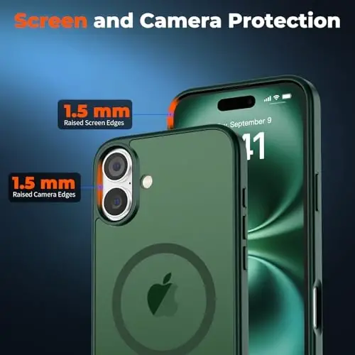 zapica Magnetic for iPhone 16 Plus Case, [Compatible with MagSafe] [Military Grade Drop Protection] Translucent Matte Shockproof Anti-Scratch Phone Case, Forest Green - 5