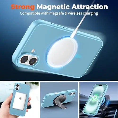 zapica Magnetic for iPhone 16 Plus Case, [MagSafe bilan mos] [Harbiy darajadagi tushishdan himoya] Translucent Matte zarbga chidamli tirnalishga qarshi telefon qutisi, och ko'k - 3