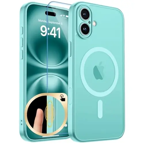 zapica Magnetic for iPhone 16 Plus Case, Upgraded [Camera Control Button] [Full Camera Protection] [with 1 Screen Protector] Translucent Matte Shockproof Protective Phone Cover, Aqua Green - ZAPICA