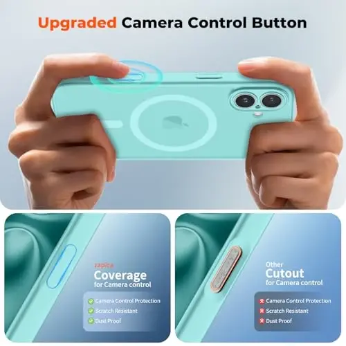 zapica Magnetic for iPhone 16 Plus Case, Upgraded [Camera Control Button] [Full Camera Protection] [with 1 Screen Protector] Translucent Matte Shockproof Protective Phone Cover, Aqua Green - 4