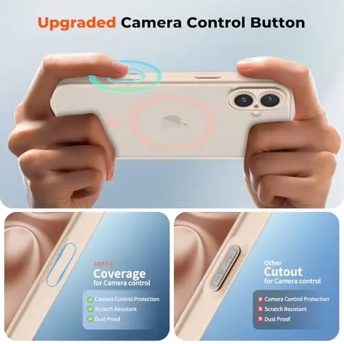 zapica Magnetic for iPhone 16 Plus Case, Upgraded [Camera Control Button] [Full Camera Protection] [with 1 Screen Protector] Translucent Matte Shockproof Protective Phone Cover, Beige Pink - 4