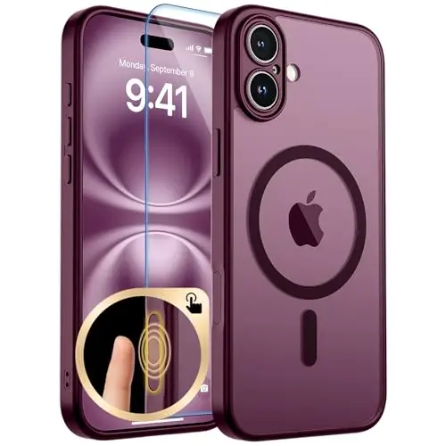 zapica Magnetic for iPhone 16 Plus Case, Upgraded [Camera Control Button] [Full Camera Protection] [with 1 Screen Protector] Translucent Matte Shockproof Protective Phone Cover, Burgundy - 1