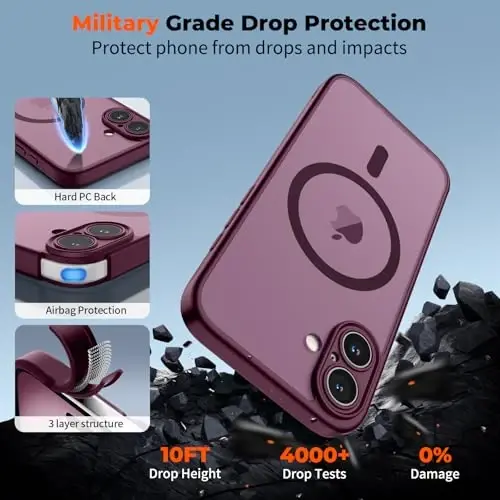 zapica Magnetic for iPhone 16 Plus Case, Upgraded [Camera Control Button] [Full Camera Protection] [with 1 Screen Protector] Translucent Matte Shockproof Protective Phone Cover, Burgundy - 6