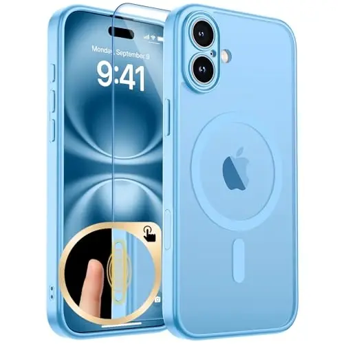 zapica Magnetic for iPhone 16 Plus Case, Upgraded [Camera Control Button] [Full Camera Protection] [with 1 Screen Protector] Translucent Matte Shockproof Protective Phone Cover, Sky Blue 