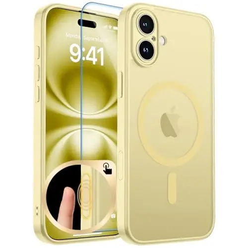 zapica Magnetic for iPhone 16 Plus Case, Upgraded [Camera Control Button] [Full Camera Protection] [with 1 Screen Protector] Translucent Matte Shockproof Protective Phone Cover, Yellow - 1