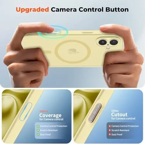 zapica Magnetic for iPhone 16 Plus Case, Upgraded [Camera Control Button] [Full Camera Protection] [with 1 Screen Protector] Translucent Matte Shockproof Protective Phone Cover, Yellow - 4