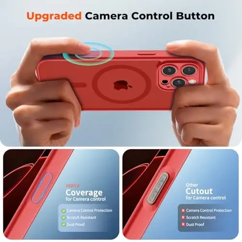 zapica Magnetic for iPhone 16 Pro Case, Upgraded [Camera Control Button] [Full Camera Protection] [with 1 Screen Protector] Translucent Matte Shockproof Protective Phone Cover, Bright Red - 4
