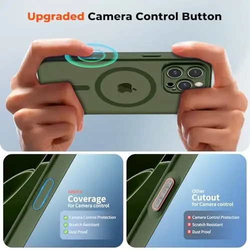 zapica Magnetic for iPhone 16 Pro Case, Upgraded [Camera Control Button] [Full Camera Protection] [with 1 Screen Protector] Translucent Matte Shockproof Protective Phone Cover, Cedar Green - 4