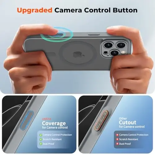 zapica Magnetic for iPhone 16 Pro Case, Upgraded [Camera Control Button] [Full Camera Protection] [with 1 Screen Protector] Translucent Matte Shockproof Protective Phone Cover, Gray - 4
