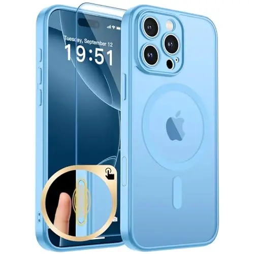 zapica Magnetic for iPhone 16 Pro Case, Upgraded [Camera Control Button] [Full Camera Protection] [with 1 Screen Protector] Translucent Matte Shockproof Protective Phone Cover, Sky Blue - 1