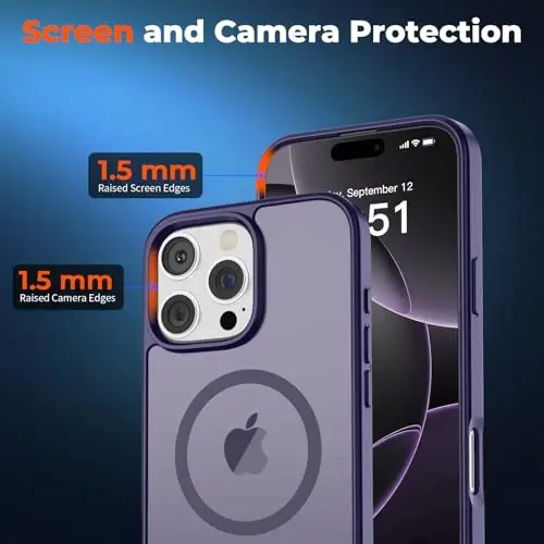 zapica Magnetic for iPhone 16 Pro Max Case, [MagSafe bilan mos] [Harbiy darajadagi tushishdan himoya] Shaffof matli zarbaga chidamli tirnalishga qarshi telefon qutisi, to'q binafsha - 5