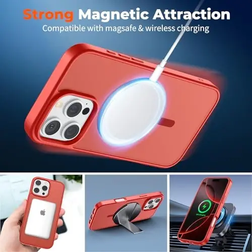 zapica Magnetic for iPhone 16 Pro Max Case, [MagSafe bilan mos] [Harbiy darajadagi tushishdan himoya] Yarim shaffof mato zarbaga chidamli tirnalishga qarshi telefon qutisi, Qizil 