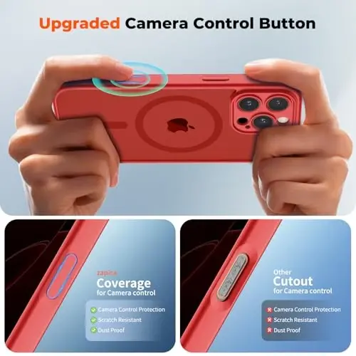 zapica Magnetic for iPhone 16 Pro Max Case, Upgraded [Camera Control Button] [Full Camera Protection] [with 1 Screen Protector] Translucent Matte Shockproof Protective Phone Cover, Bright Red - 4