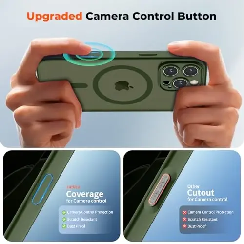 zapica Magnetic for iPhone 16 Pro Max Case, Upgraded [Camera Control Button] [Full Camera Protection] [with 1 Screen Protector] Translucent Matte Shockproof Protective Phone Cover, Cedar Green - 4