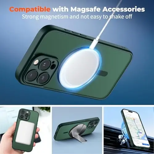 zapica Magnetic for iPhone 16 Pro Max Case, Upgraded [Camera Control Button] [Full Camera Protection] [with 1 Screen Protector] Translucent Matte Shockproof Protective Phone Cover, Dark Green - 3
