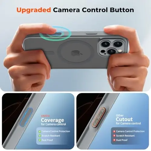 zapica Magnetic for iPhone 16 Pro Max Case, Upgraded [Camera Control Button] [Full Camera Protection] [with 1 Screen Protector] Translucent Matte Shockproof Protective Phone Cover, Gray - 4