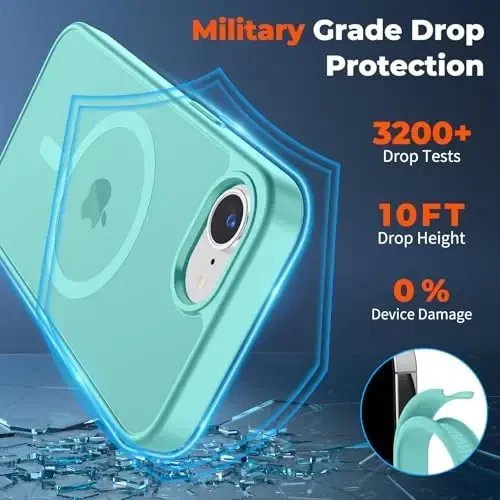zapica Magnetic for iPhone 16e Case, [MagSafe bilan mos] [Harbiy darajadagi tushishdan himoya] Yarim shaffof mato zarbga qarshi tirnalishga qarshi telefon qutisi, ko'k yashil - 5