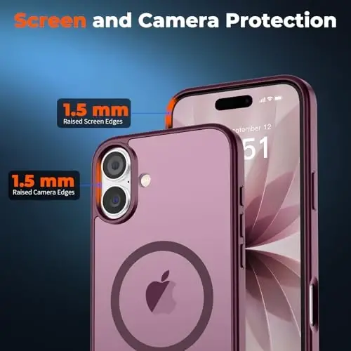 zapica Magnetic for iPhone 17 Case, [Compatible with MagSafe] [with 1 Tempered Glass Screen Protector] Translucent Matte Shockproof Anti-Scratch Phone Cover, Wine Red - 5