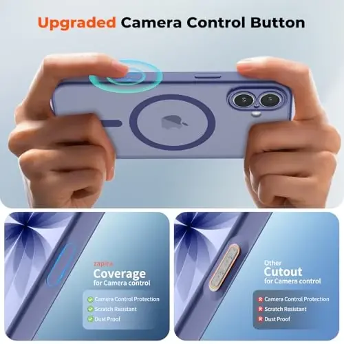 zapica Magnetic for iPhone 17 Case, Upgraded [Camera Control Button] [Full Camera Protection] [with 1 Screen Protector] Translucent Matte Shockproof Protective Phone Cover, Blue Gray - 4