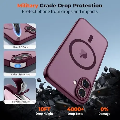 zapica Magnetic for iPhone 17 Case, Upgraded [Camera Control Button] [Full Camera Protection] [with 1 Screen Protector] Translucent Matte Shockproof Protective Phone Cover, Burgundy - 6