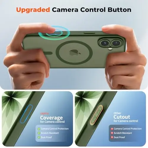zapica Magnetic for iPhone 17 Case, Upgraded [Camera Control Button] [Full Camera Protection] [with 1 Screen Protector] Translucent Matte Shockproof Protective Phone Cover, Cedar Green - 4