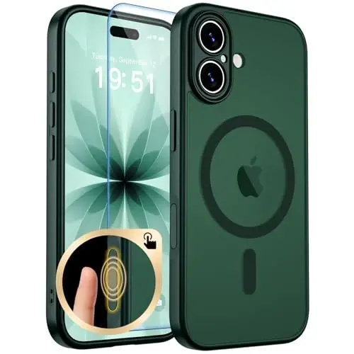 zapica Magnetic for iPhone 17 Case, Upgraded [Camera Control Button] [Full Camera Protection] [with 1 Screen Protector] Translucent Matte Shockproof Protective Phone Cover, Dark Green - 1
