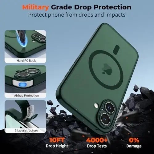 zapica Magnetic for iPhone 17 Case, Upgraded [Camera Control Button] [Full Camera Protection] [with 1 Screen Protector] Translucent Matte Shockproof Protective Phone Cover, Dark Green - 6