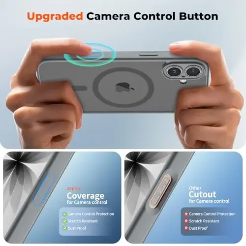 zapica Magnetic for iPhone 17 Case, Upgraded [Camera Control Button] [Full Camera Protection] [with 1 Screen Protector] Translucent Matte Shockproof Protective Phone Cover, Gray - 4