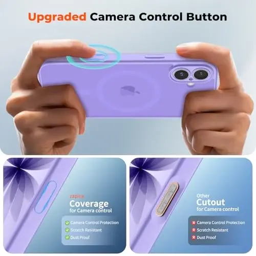 zapica Magnetic for iPhone 17 Case, Upgraded [Camera Control Button] [Full Camera Protection] [with 1 Screen Protector] Translucent Matte Shockproof Protective Phone Cover, Purple - 4