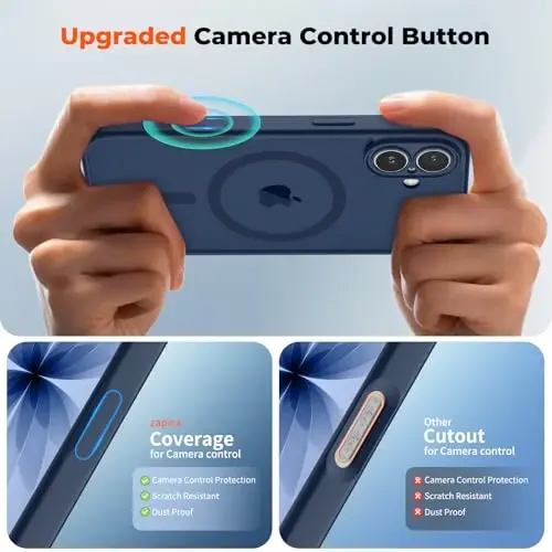 zapica Magnetic for iPhone 17 Case, Upgraded [Camera Control Button] [Full Camera Protection] [with 1 Screen Protector] Translucent Matte Shockproof Protective Phone Cover, Sapphire Blue - 4