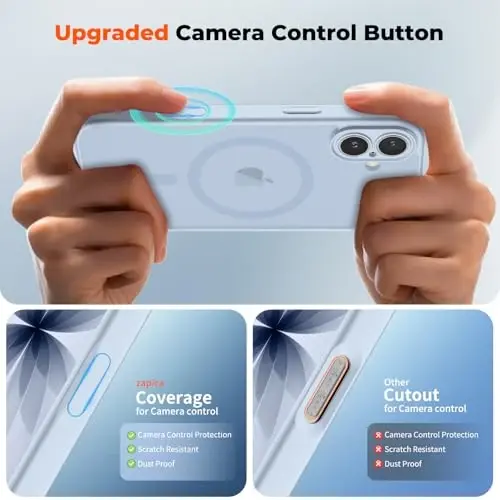 zapica Magnetic for iPhone 17 Case, Upgraded [Camera Control Button] [Full Camera Protection] [with 1 Screen Protector] Translucent Matte Shockproof Protective Phone Cover, Silver Blue - 4