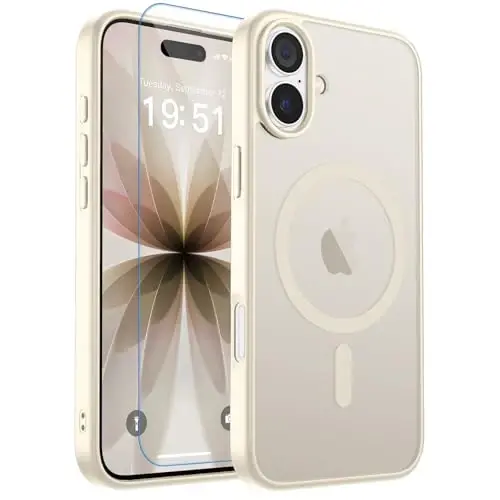 zapica Magnetic for iPhone 17 Case, with [Tempered Glass Screen Protector] [Compatible with MagSafe] Translucent Matte Shockproof Anti-Scratch Phone Cover, Antique White 