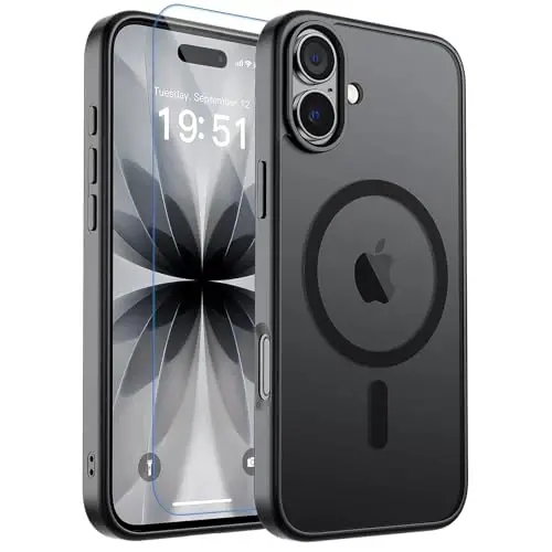 zapica Magnetic for iPhone 17 Case, with [Tempered Glass Screen Protector] [Compatible with MagSafe] Translucent Matte Shockproof Anti-Scratch Phone Cover, Black 