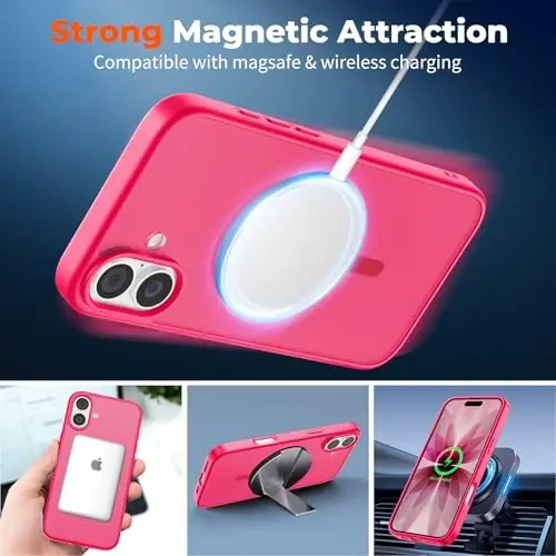 zapica Magnetic for iPhone 17 Case, with [Tempered Glass Screen Protector] [Compatible with MagSafe] Translucent Matte Shockproof Anti-Scratch Phone Cover, Hot Pink - 3